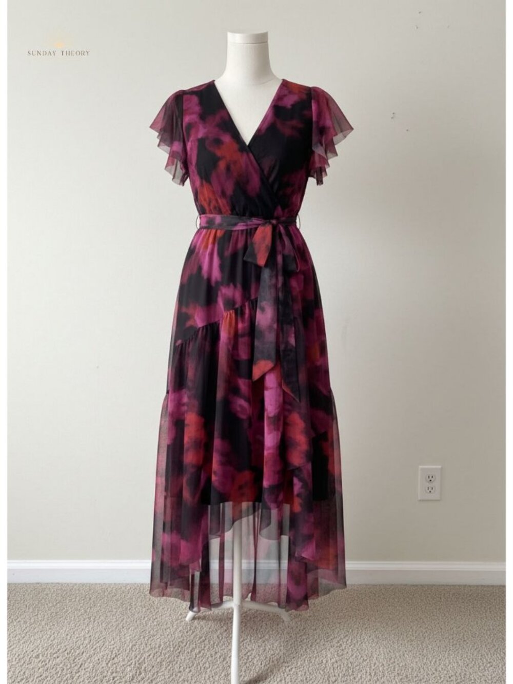 Floral V-Neck Flutter Sleeve Maxi Dress with Belt High Low Split